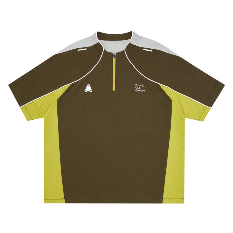 FPA Quick-Dry Sports Color-Block Short Sleeve T-Shirt, Chinese Streetwear Outdoor Cool Feeling Half-Zip Loose Unisex Short Sleeve Tee