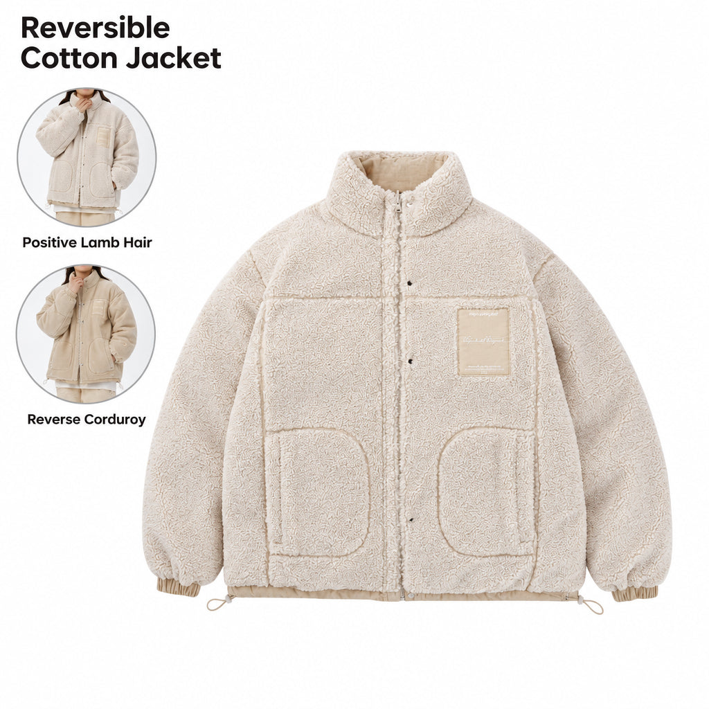 FPA Reversible Sherpa-Lined Corduroy Cotton Jacket Winter Thick Warm Chinese Streetwear Couple Style Cotton Coat for Men