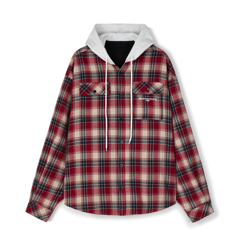 FPA Plaid Reversible Hooded Long-Sleeve Shirt - Chinese Streetwear Trend, Loose Fit Casual Jacket for Men, Spring/Autumn