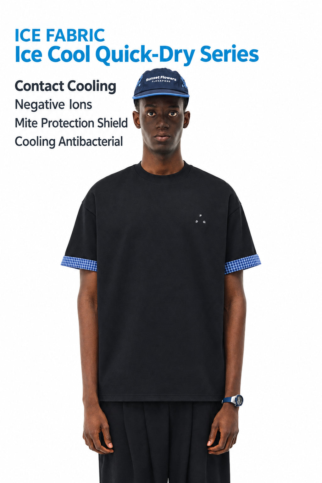 FPA Cool-Touch Quick-Dry Anti-Mite Short Sleeve T-Shirt, Chinese Streetwear Summer Crew Neck Couple Design Trendy Patchwork Black Tee