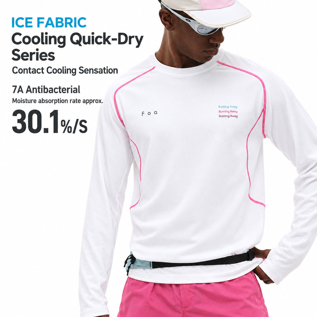 FPA Cool-Touch Quick-Dry 7A Antibacterial Sports T-Shirt, Outdoor Crew Neck Contrast Stitch Spring Couple White Long Sleeve Men