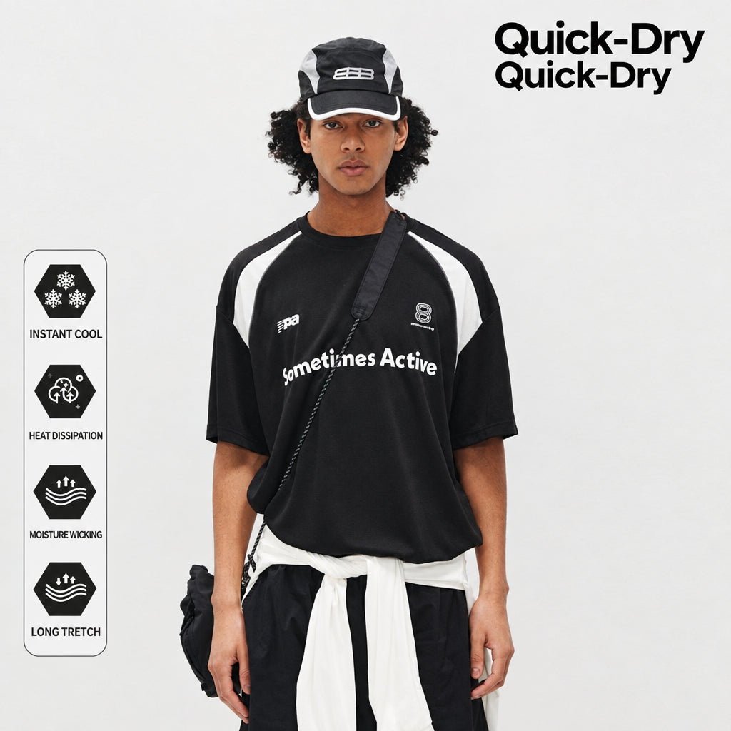 FPA Quick-Dry Breathable Mesh Athletic Short Sleeve T-Shirt - Summer Chinese Streetwear Loose Fit Round Neck Black Tee for Men