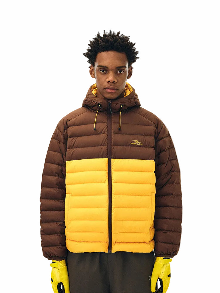FPA Three-Proof Color-Blocking Lightweight Hooded Down Jacket with 90% White Duck Down, American Retro Autumn/Winter Patchwork Down Coat