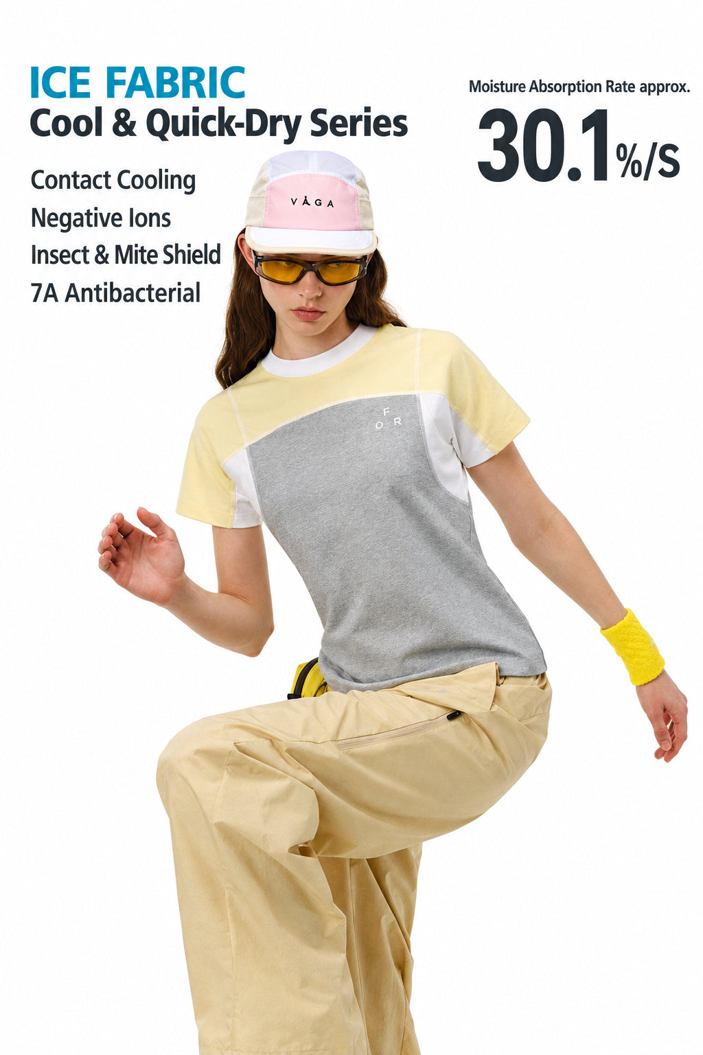 FPA Cool-Touch Quick-Dry 7A Antibacterial Anti-Dust Mite Raglan Sleeve T-Shirt, Summer Casual Contrast Color Slim Fit Women's Tee