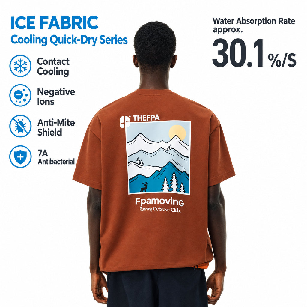 FPA Cool-Touch Quick-Dry 7A Antibacterial Anti-Dust Mite Outdoor Sports Hiking Short Sleeve T-Shirt, Chinese Trendy Round Neck Printed Tee