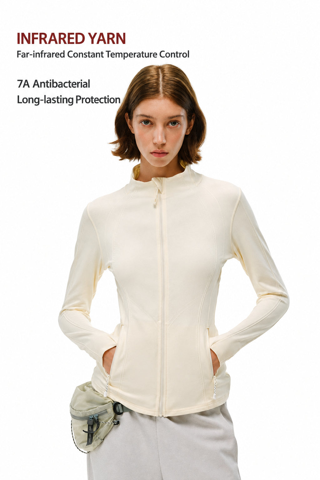 FPA Women's Slim-Fit Long-Sleeve Spring Outdoor Sports Zip-Up Half-Zip High-Neck Cardigan in Apricot