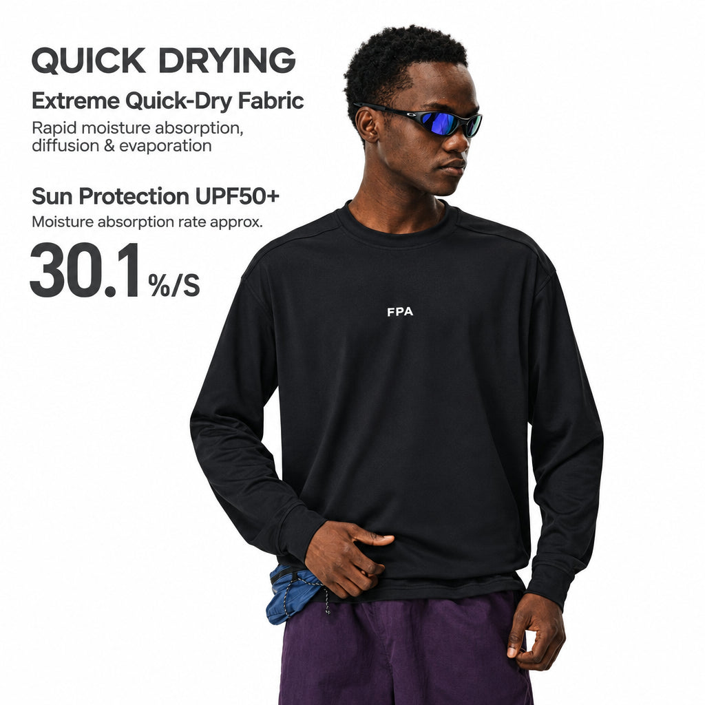 FPA Moisture-Wicking UPF50+ Sun Protection Basic Long Sleeve T-Shirt, Streetwear Logo, Crew Neck, Loose Fit, Couple Matching Tee
