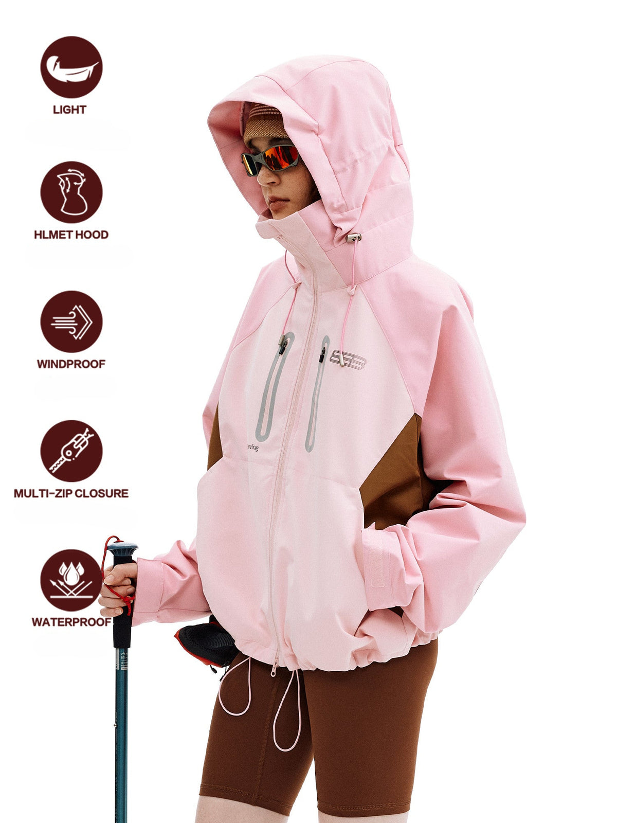FPA Color-Block Windbreaker Jacket - Three-Proof Cocoon Style, Chinese Trend Outdoor Sports Pink Jacket