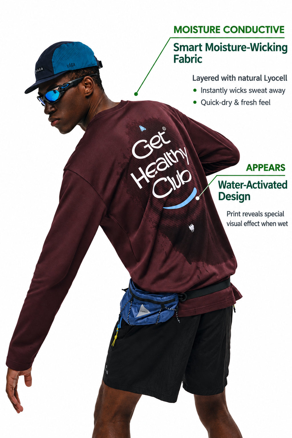 FPA Moisture-Wicking Quick-Dry Printed Long-Sleeve T-Shirt with Water-Activated Print, Outdoor Spring/Fall, Couple Style, Wine Red