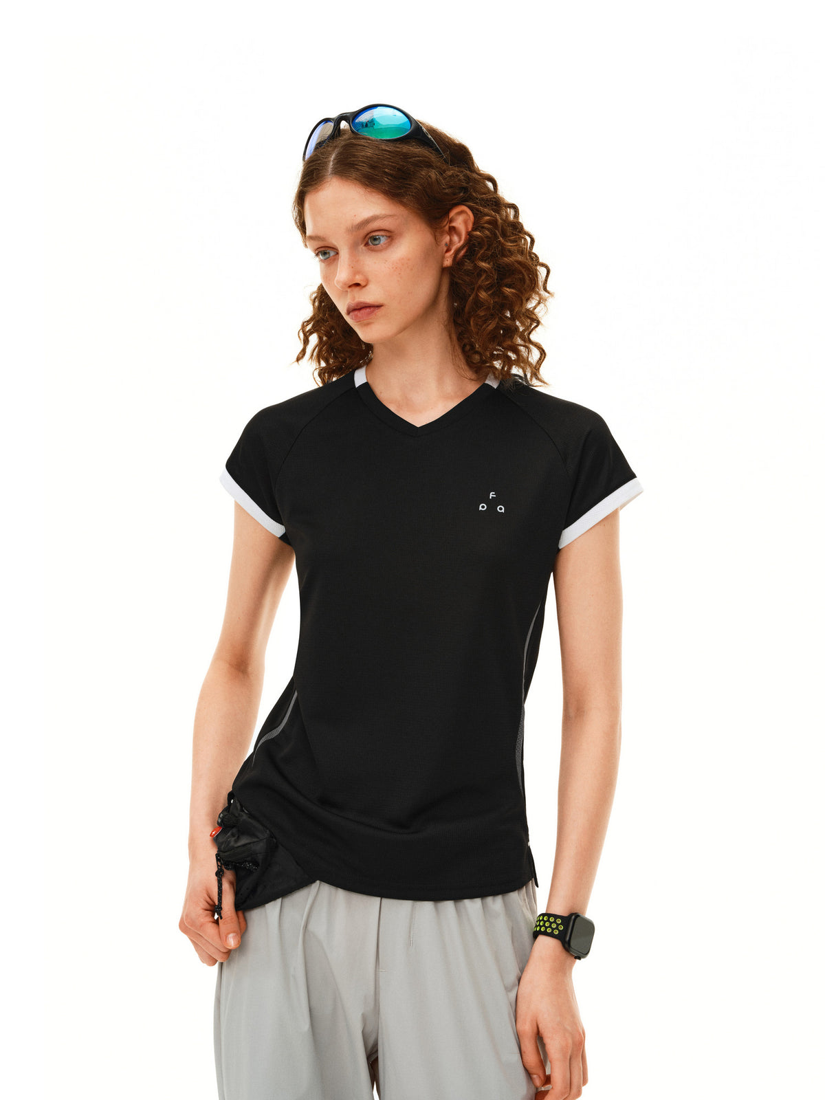 FPA Women's Color-Block Racerback Short-Sleeve Top with Flutter Sleeves - Summer V-Neck Basic Tee in Black and White