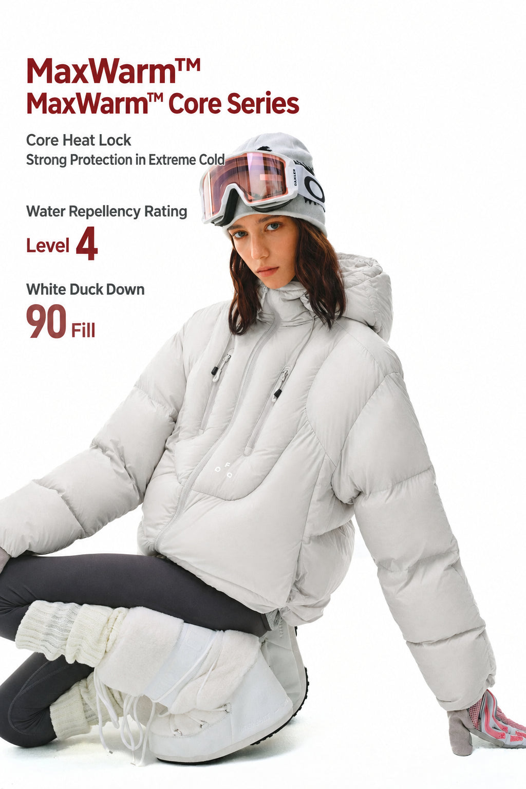 FPA Double-Zip Hooded Down Jacket with Structured Silhouette, Winter Warm 90% White Duck Down, Couple Style in Gray-White