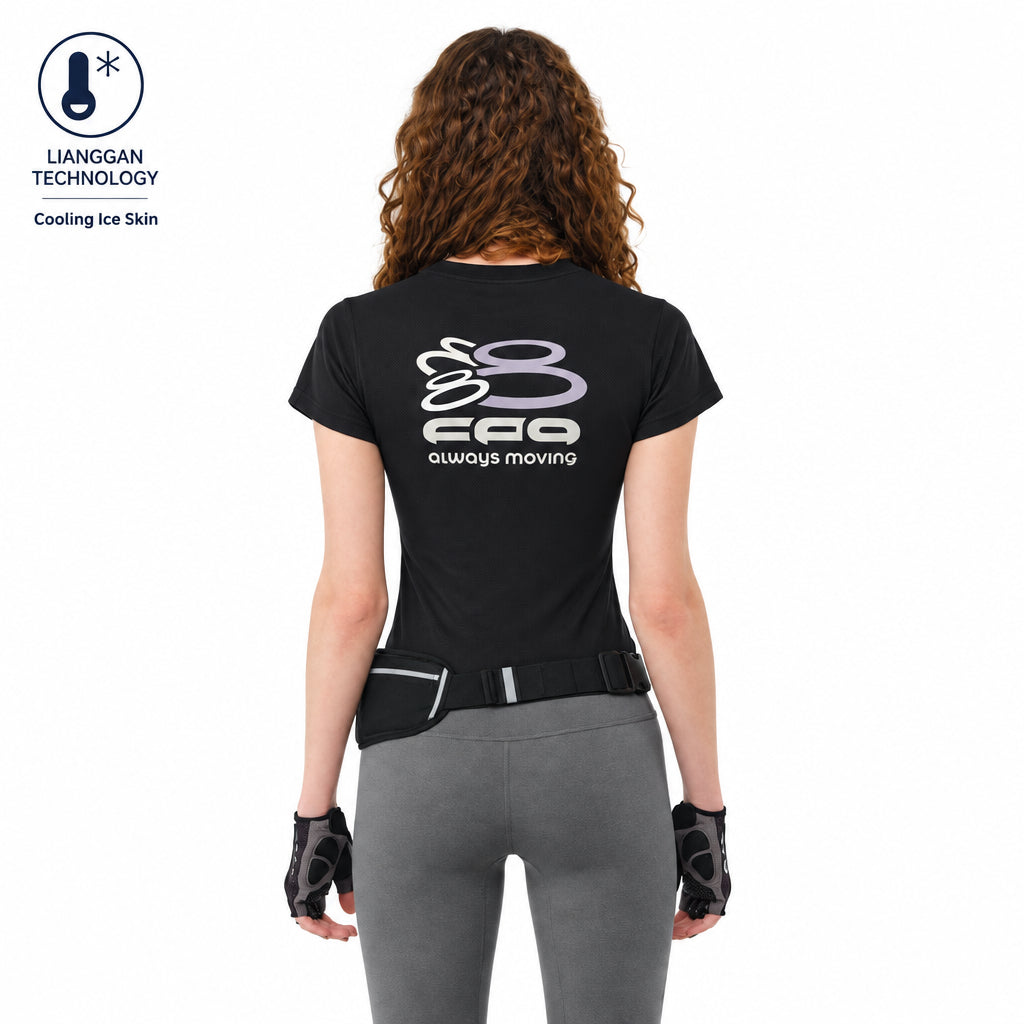 FPA Ice-Feel Women's Yoga Short-Sleeve Crop Top with Print, Summer Fitted Round Neck Chinese Streetwear Black T-Shirt
