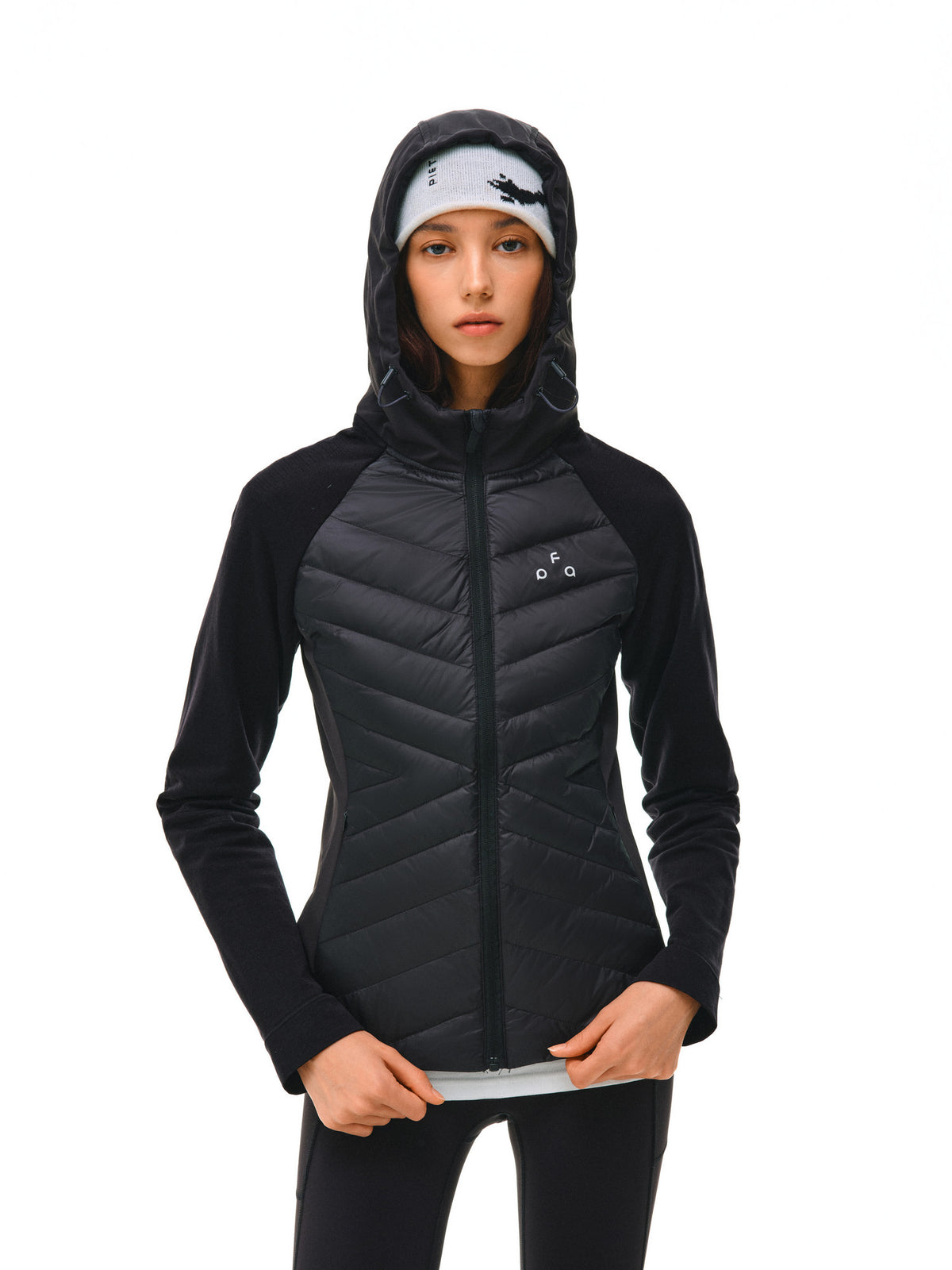 FPA Women's Hooded Quilted Down Jacket with Contrast Panels, Autumn/Winter Outdoor Sports Warm White Down Coat