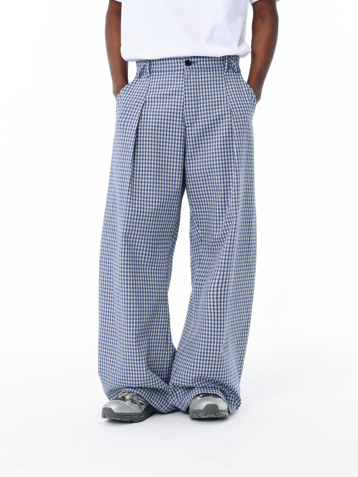 FPA Urban Sports Curved Blade A-Type Wide-Leg Plaid Casual Pants - National Trend Design Loose Blue Check Long Pants