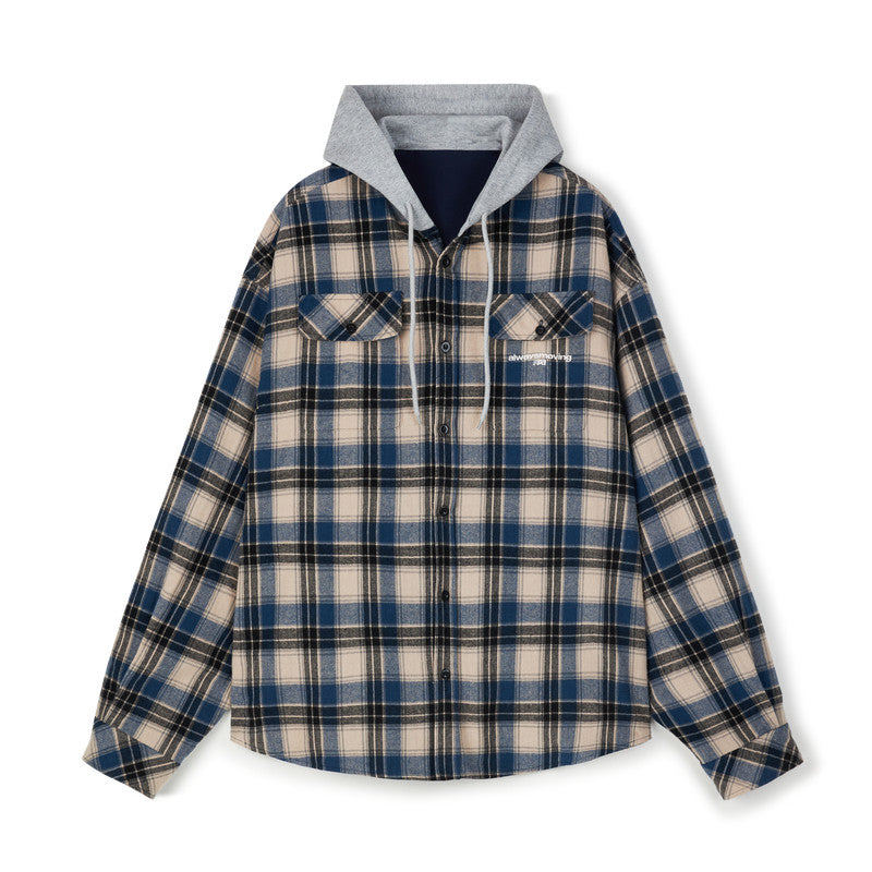FPA Plaid Reversible Hooded Long-Sleeve Shirt - Chinese Streetwear Trend, Loose Fit Casual Jacket for Men, Spring/Autumn