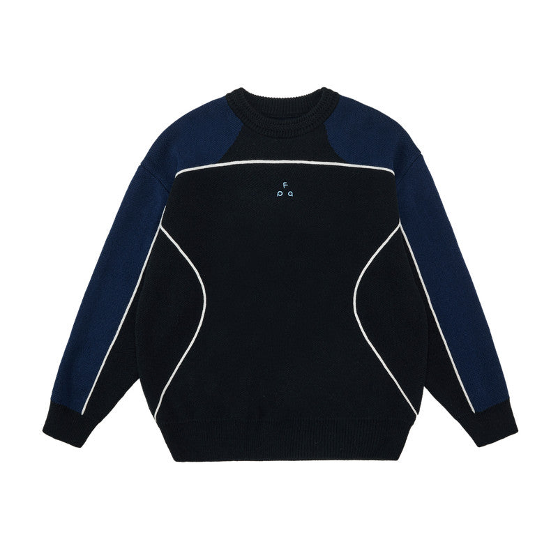 FPA Round Neck Anti-Pilling Contrast Logo Faux Mohair Sweater Vintage Patchwork Casual Couple Knit Top for Men