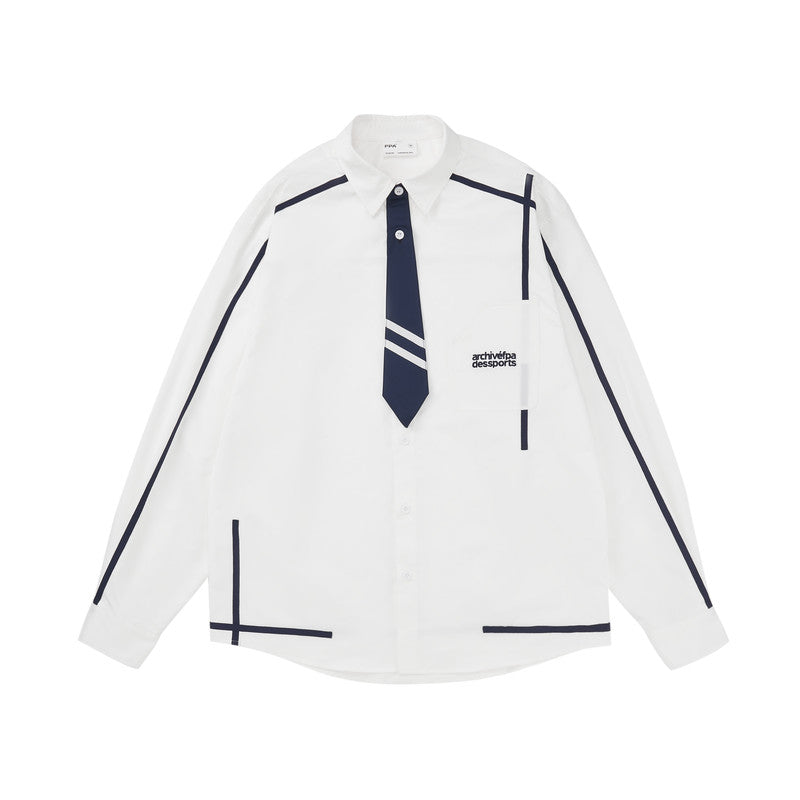 FPA Webbing Patch Fake Tie Long-Sleeve Shirt 2023 New Spring/Autumn Chinese Streetwear Loose-Fit Men's Shirt