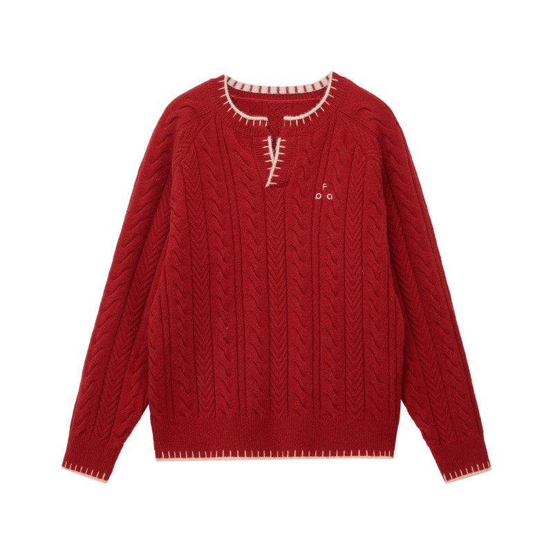 FPA Henry Neck Casual Pullover Sweater, Chinese New Year Contrast Color V-Neck Red Knit Top