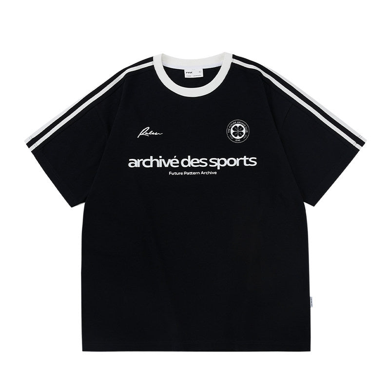 FPA Sports Panel Woven Strap Short Sleeve T-Shirt - Chinese Streetwear American Retro Loose Round Neck Printed 2026 New Style
