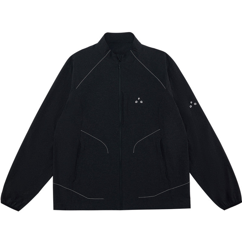 FPA Stand Collar Textured Horizontal Stripe Thin Reflective Sports Jacket - Spring Outdoor Loose Zip-Up Couple Jacket