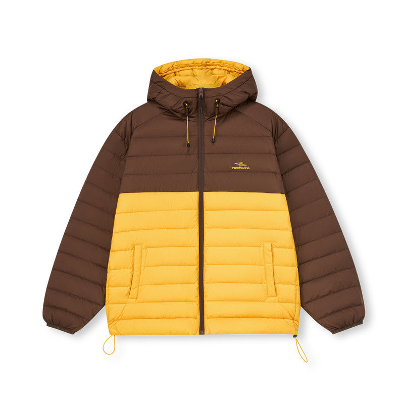 FPA Three-Proof Color-Blocking Lightweight Hooded Down Jacket with 90% White Duck Down, American Retro Autumn/Winter Patchwork Down Coat