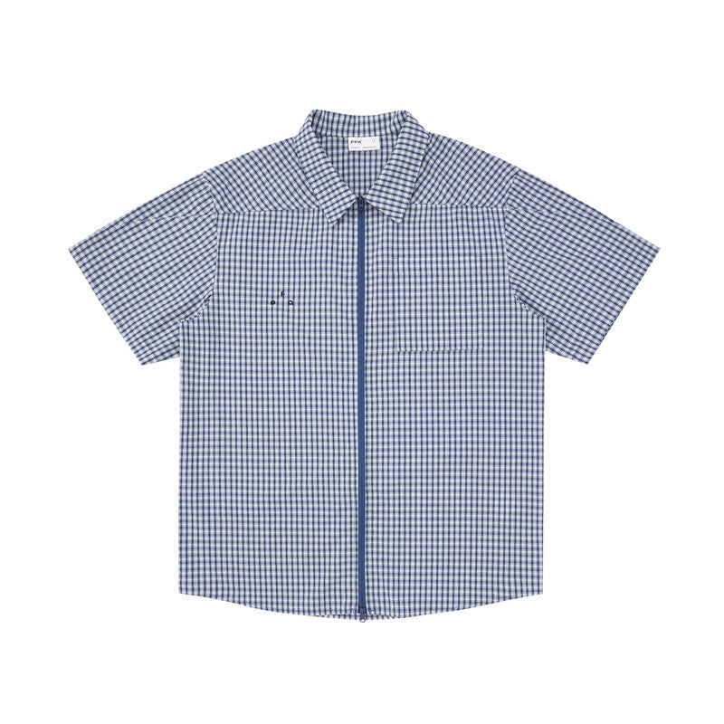 FPA Casual Plaid Embroidered Logo Short-Sleeve Shirt – Unisex Loose Fit Zip-Up Summer Camp Collar Shirt