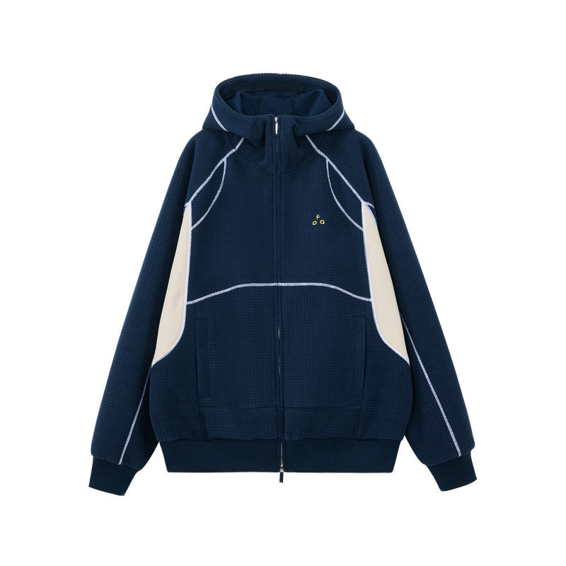 FPA Color-Block Contrast Stitch Grid Fleece Zip-Up Hoodie – Relaxed Retro Sweatshirt for Spring