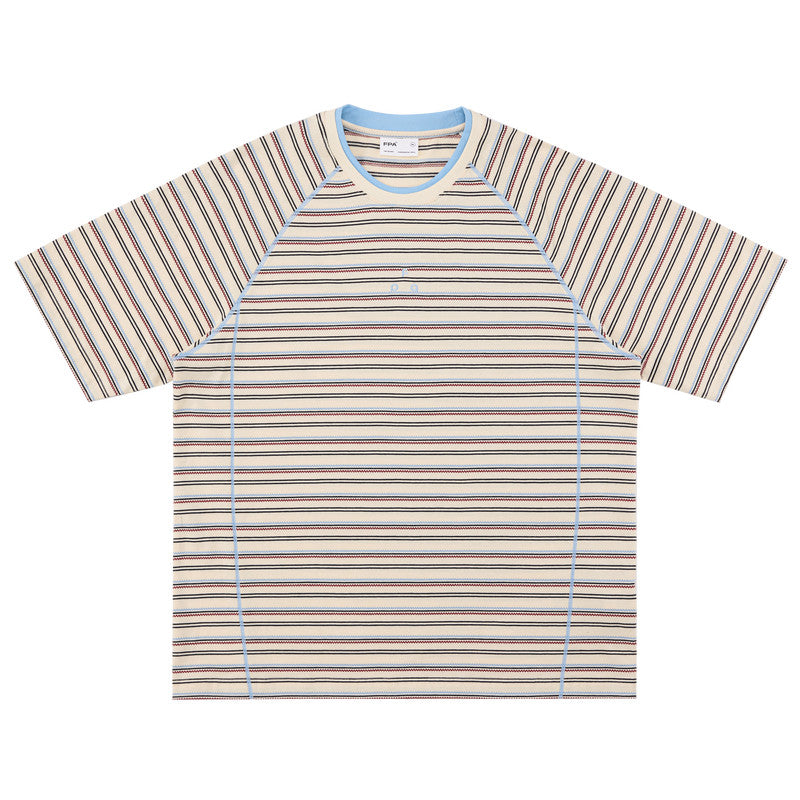 FPA Double-Layer Collar Contrast Stripe Short Sleeve T-Shirt, Retro Sporty Unisex Casual Summer Tee