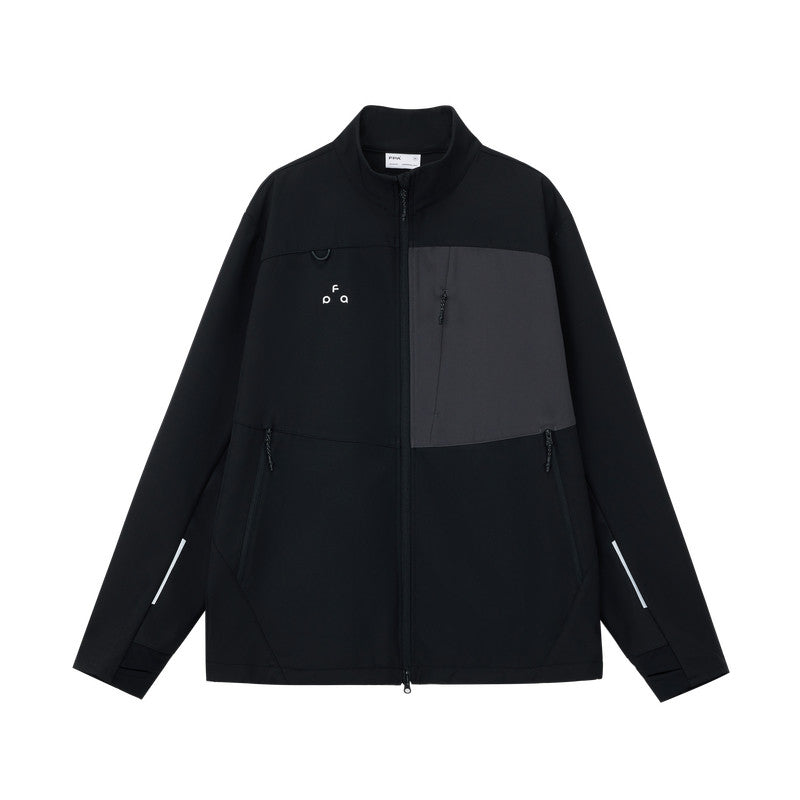 FPA Color-Block Water-Repellent Softshell Jacket for Men - Outdoor Windproof Paneled Stand Collar Loose Fit Zip-Up Black