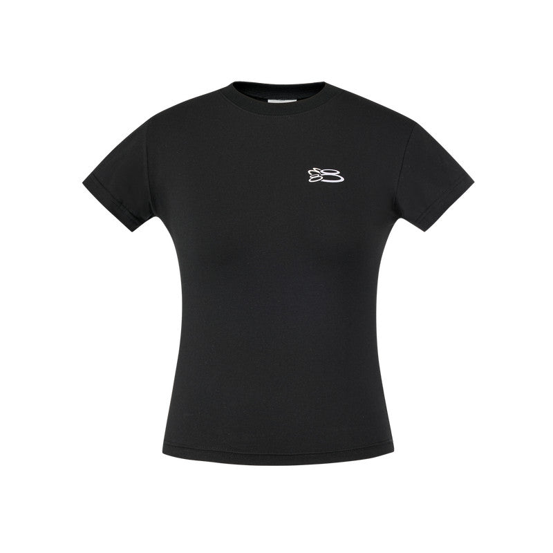 FPA Ice-Feel Women's Yoga Short-Sleeve Crop Top with Print, Summer Fitted Round Neck Chinese Streetwear Black T-Shirt