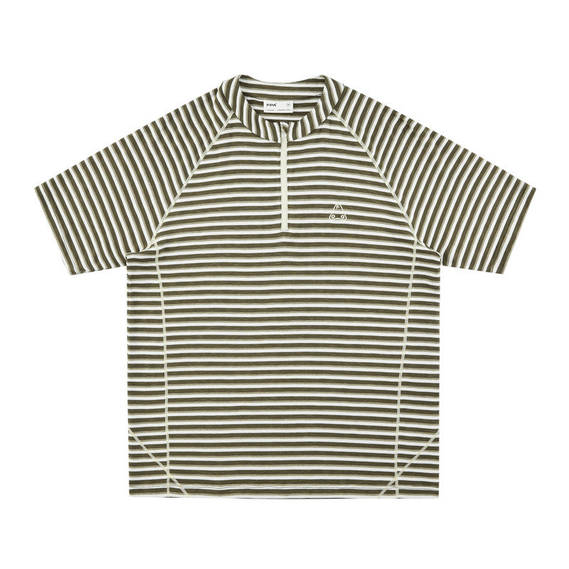 FPA Sports Knit Striped Short Sleeve T-Shirt with Contrast Half-Zip and Hacci Line, Casual Couple Style Summer Tee for Men