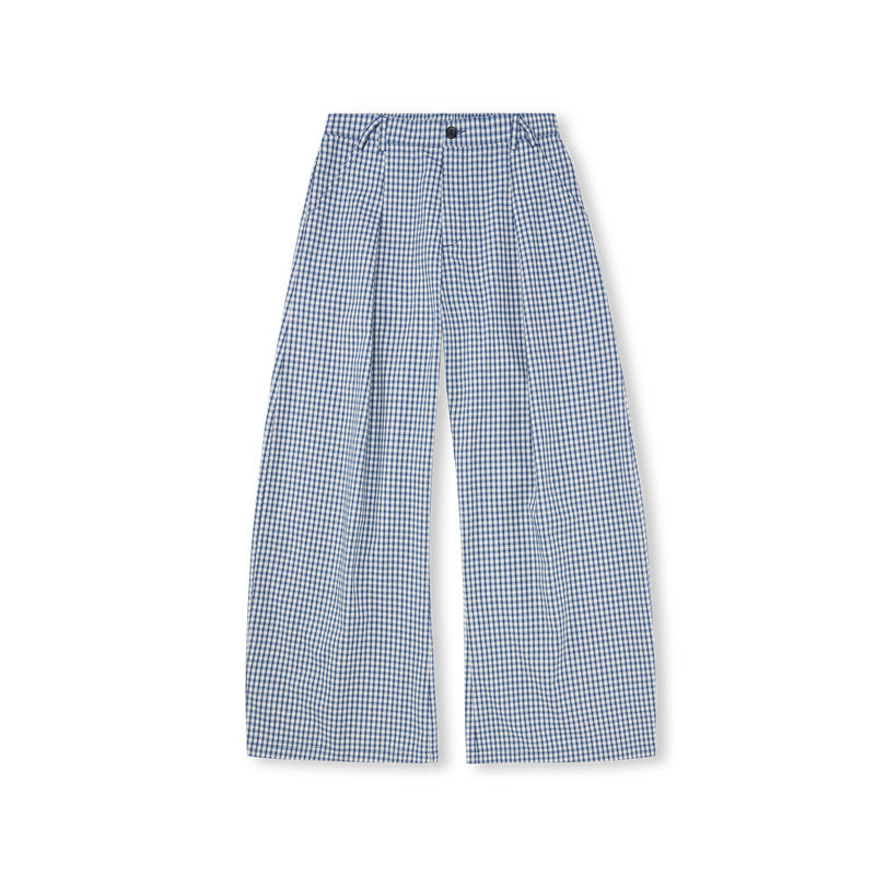 FPA Urban Sports Curved Blade A-Type Wide-Leg Plaid Casual Pants - National Trend Design Loose Blue Check Long Pants