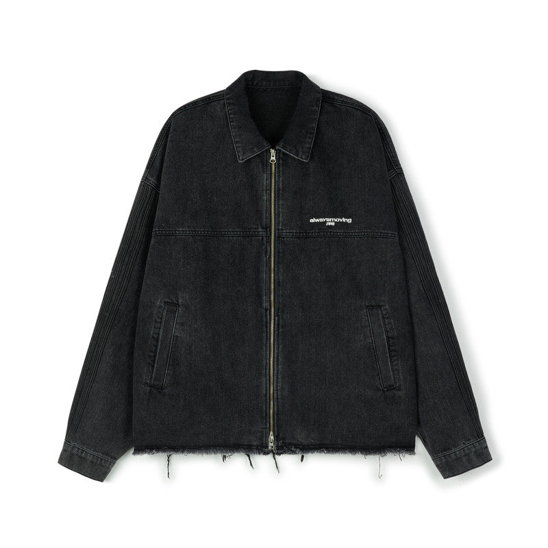 FPA Washed Fringed Denim Jacket – Chinese Streetwear Trend, American Loose Fit, Unisex Collared Jacket for Men