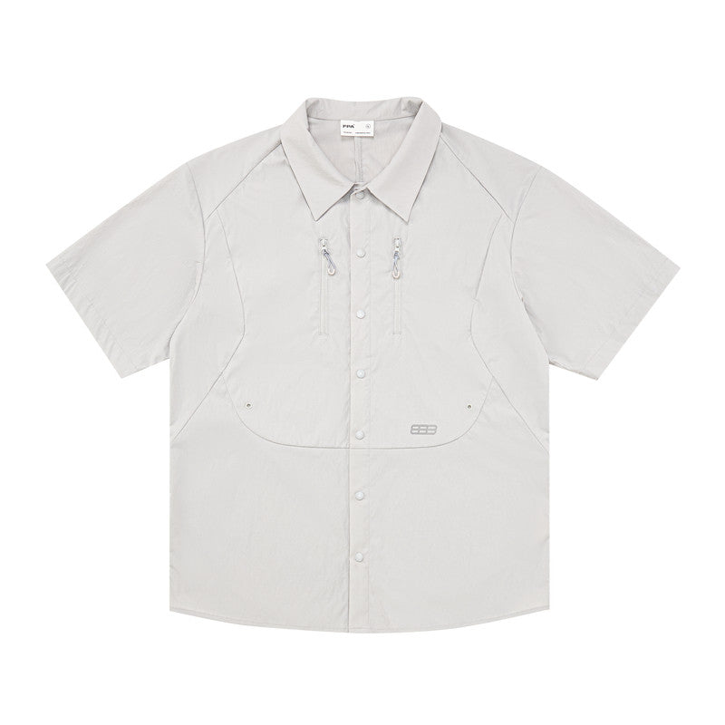 FPA Sports Structure Double-Stripe Reflective Short-Sleeve Shirt - Chinese Streetwear Summer Loose Couple Camp Collar Half-Sleeve Shirt for Men