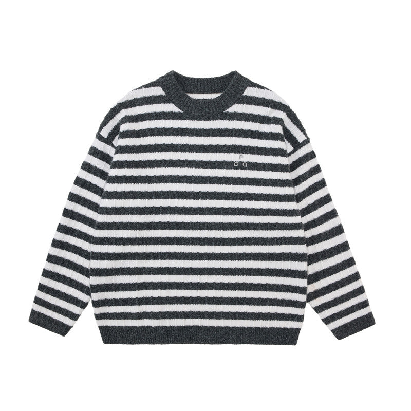FPA Striped Crew Neck Sweater - Spring/Fall Contrast Color Casual Retro Inner Layer Couple Knit Top