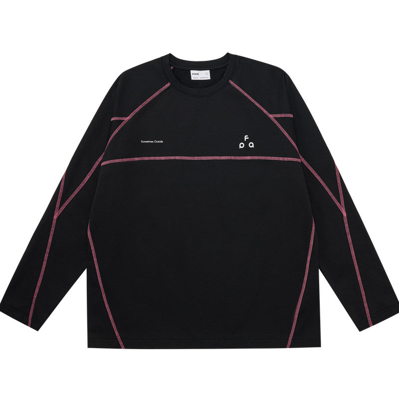 FPA Contrast Stitch Long Sleeve Tee with Triangle Logo - Chinese Streetwear Basic Crewneck, Relaxed Fit, Unisex, Autumn