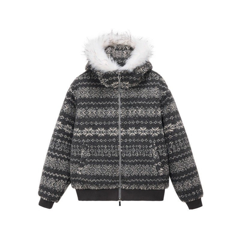 FPA Fair Isle Ethnic Style Faux Fur Collar 3M Cotton Padded Jacket – Winter Premium Warmth Couple Retro Cotton Coat