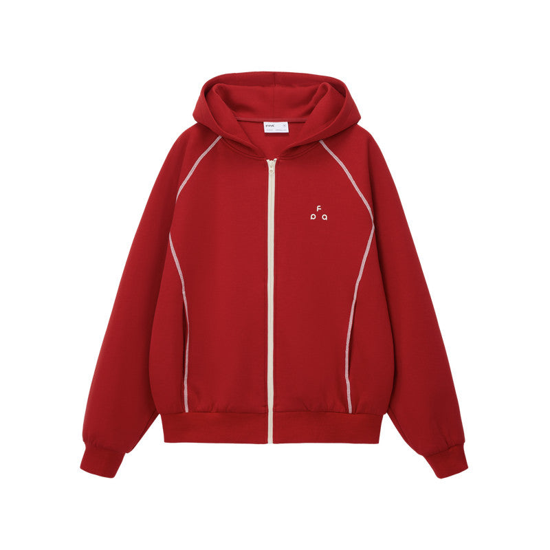 FPA Color-Block Contrast Stitch Hooded Sweatshirt - Chinese New Year Limited Edition Red Cardigan for Couples