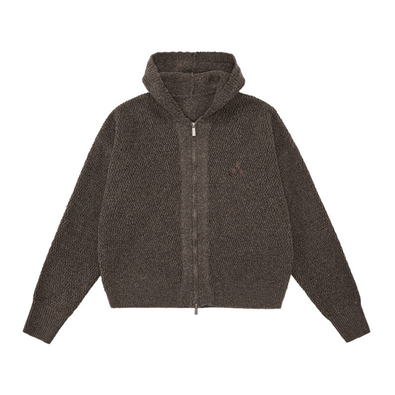 FPA Contrast Logo Hooded Cardigan Sweater – Casual Retro Unisex Knit Jacket for Couples, Spring/Fall