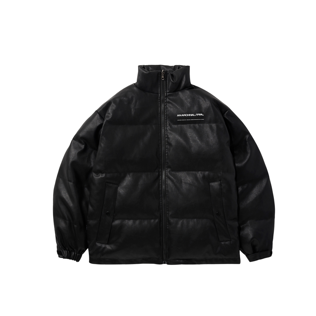 FPA Winter Thickened PU Leather Cotton Jacket, Chinese Street Style Loose Fit Stand Collar Black Bread Down Cotton Coat for Men