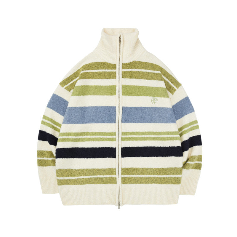 FPA Striped Contrast Color Cardigan Sweater Autumn Double Zipper Chinese Street Style Loose Casual Relaxed High Collar Coat