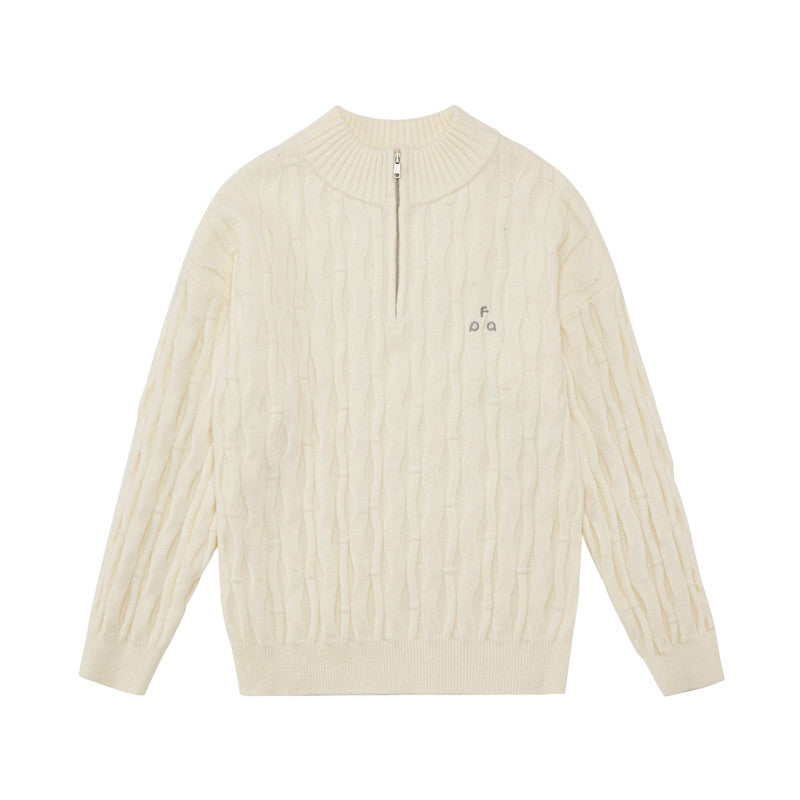 FPA Half-Zip Half-Turtleneck Cable Knit Pullover Sweater - Casual Retro Autumn Knit Top