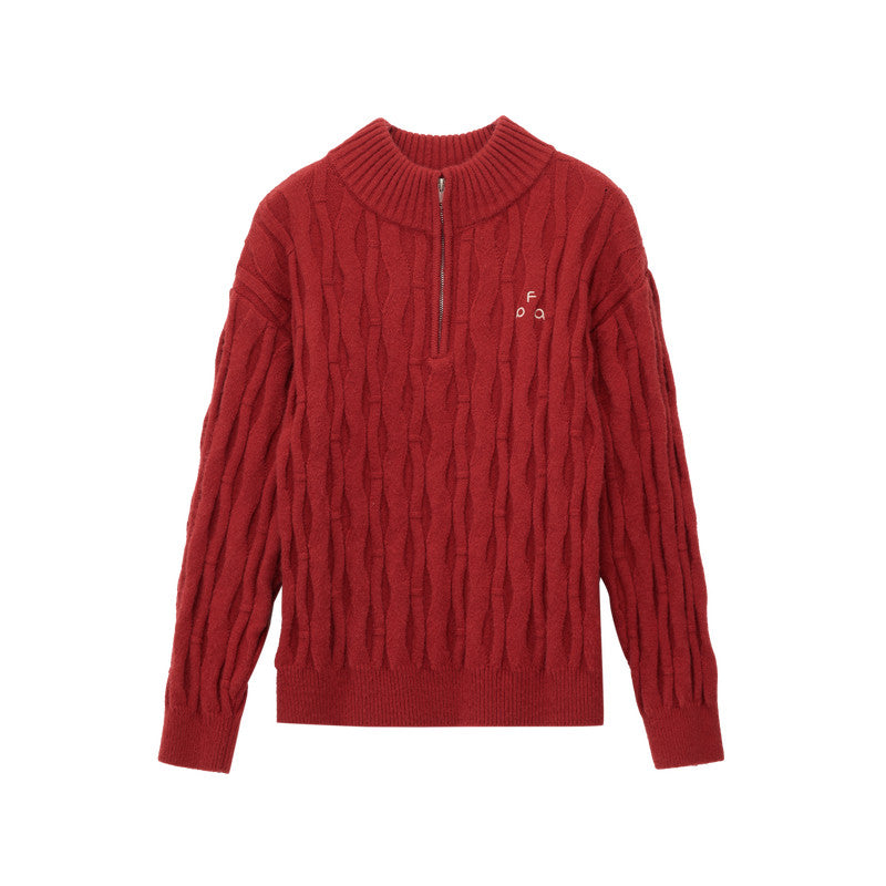 FPA Zip-Up Half-Zip Cable Knit Pullover Sweater - Chinese Red Couple Knitwear for Spring, Year of the Horse