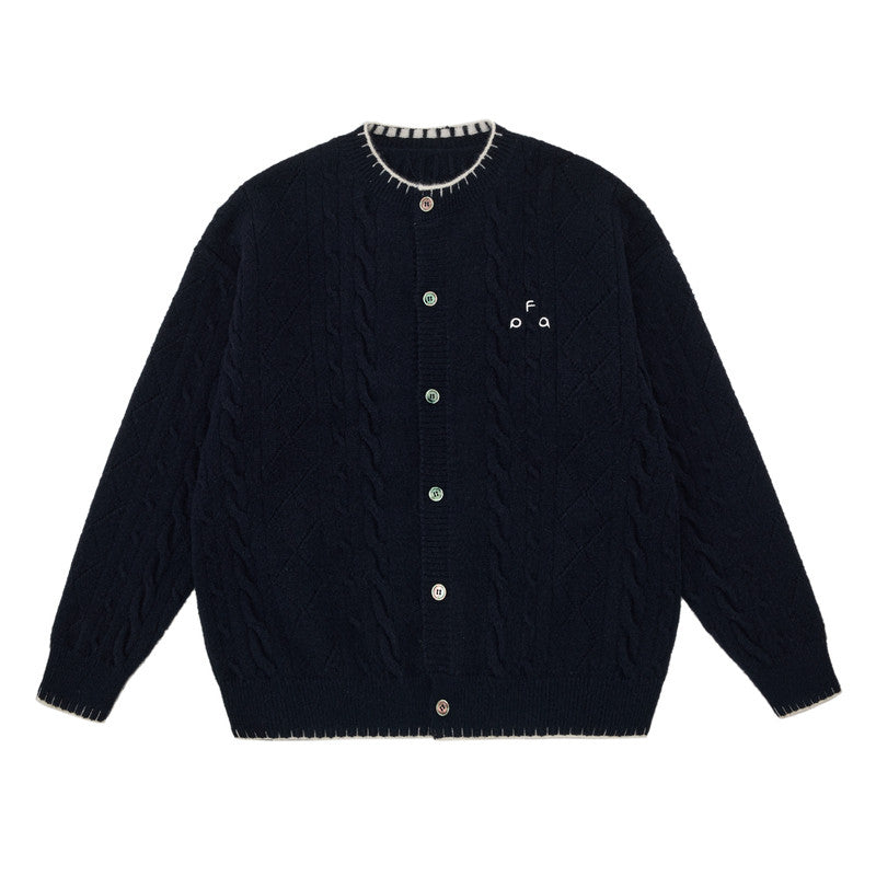 FPA Cable Knit Contrast Color Cardigan Sweater 2026 New Retro High-End Design Couple Autumn Knitwear