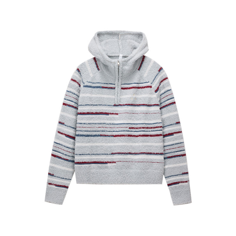 FPA Color-Block Half-Zip Pullover Persian Curl Knit Sweater - Casual Striped Hooded Knit Top for Couples, Autumn