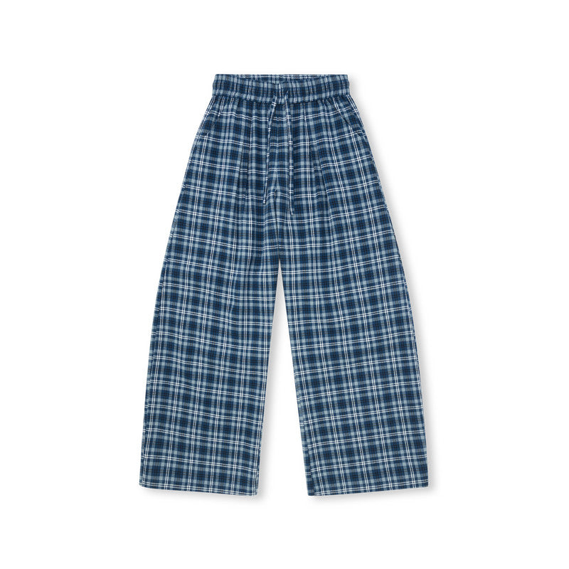 FPA A-Line Wide-Leg Plaid Casual Pants – Chinese Streetwear Trend, Loose-Fit Blue Long Pants