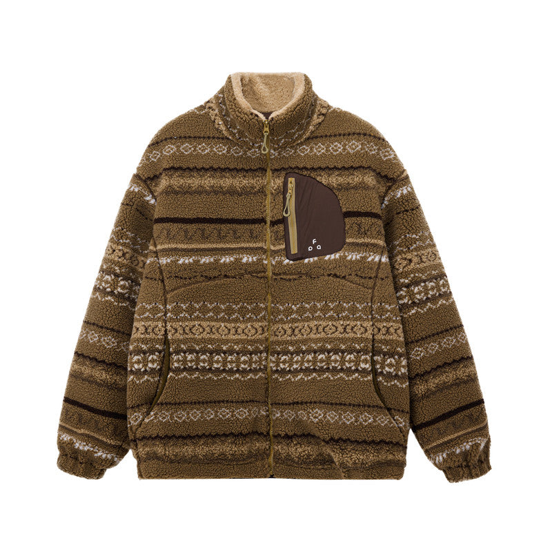 FPA Lambswool Collar Fair Isle Ethnic Style Herringbone 3M Cotton Jacket 2026 New Casual Retro Cotton Coat