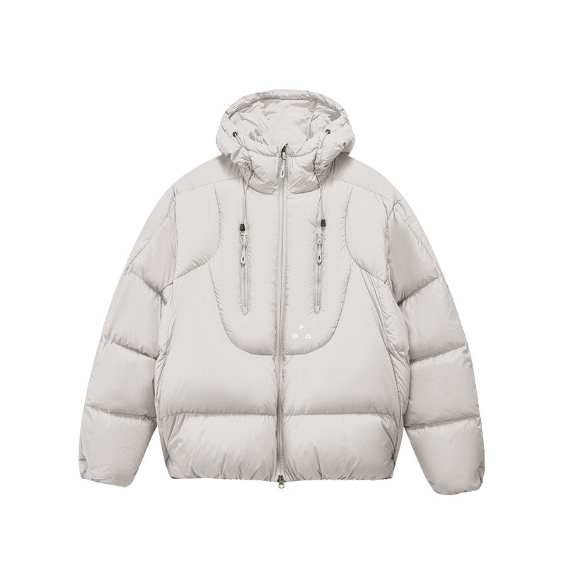 FPA Double-Zip Hooded Down Jacket with Structured Silhouette, Winter Warm 90% White Duck Down, Couple Style in Gray-White