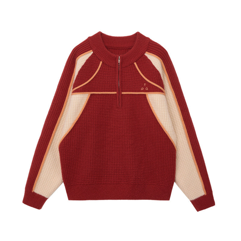 FPA Half-Zip Sports Outdoor Color-Block Knit Sweater - Chinese New Year Red