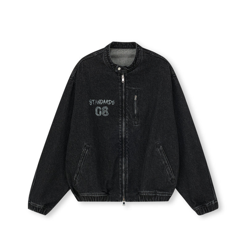 FPA Washed Denim Harrington Jacket - Chinese Streetwear Trend Short Couple Style Loose Design Casual Outerwear